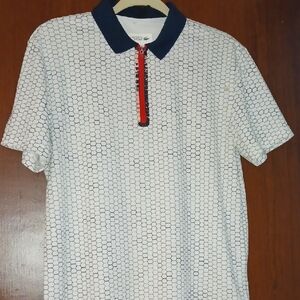 Lacoste White Polo with Navy Collar and Red Zipper